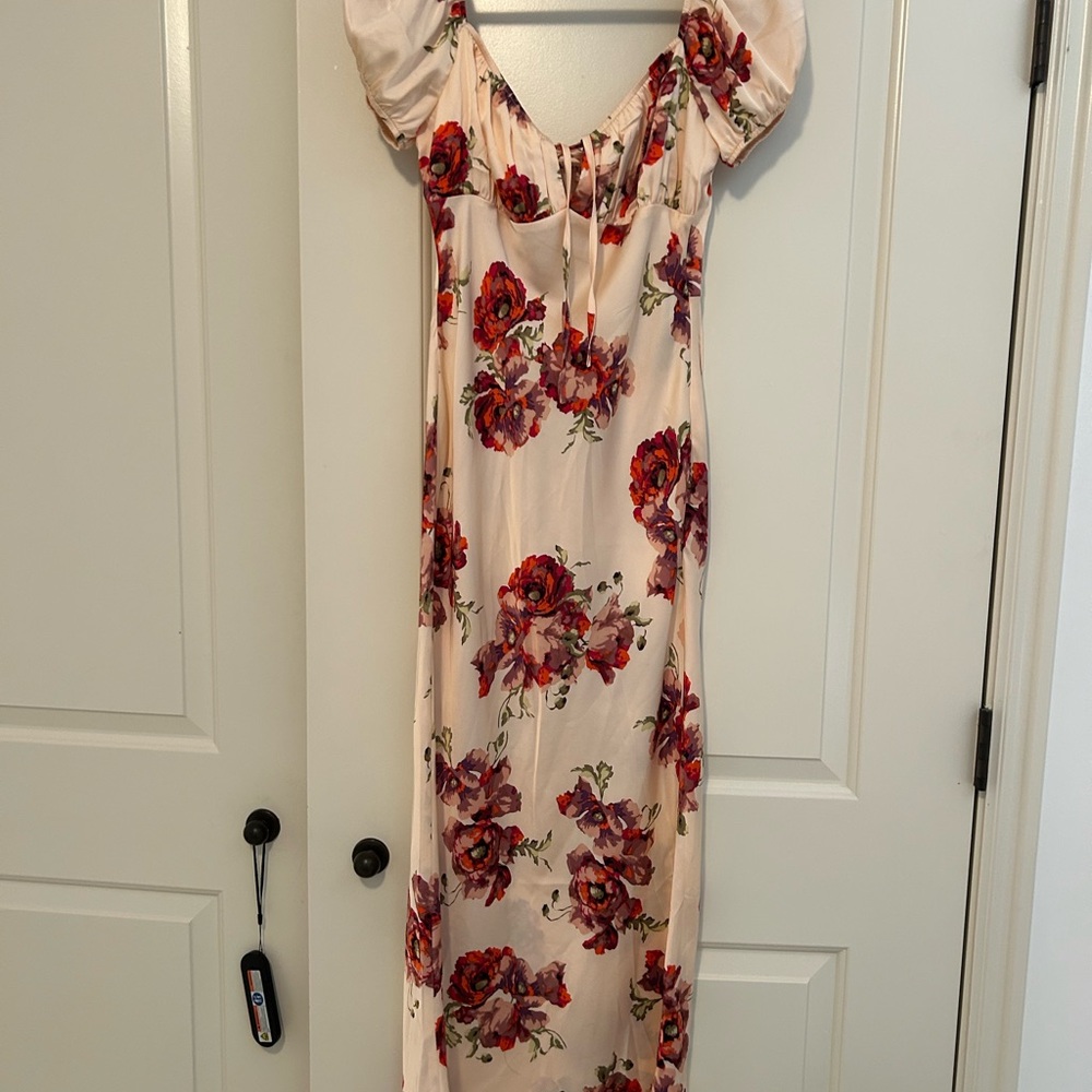 Floral Off-Shoulder Satin Midi Dress - Pastel Pink with Red Floral Print